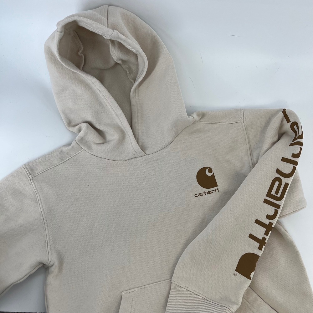 Carhartt‎ Kids M 10-12 Beige Pullover Hoodie Sleeve Logo TS6469-B Cream Brown